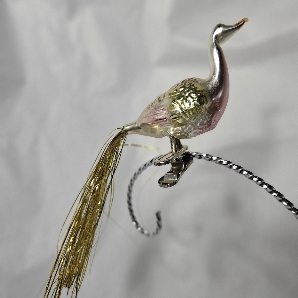 Vintage Mercury Glass Clip-On Bird Christmas Holiday Tree Ornament Tinsel Tail